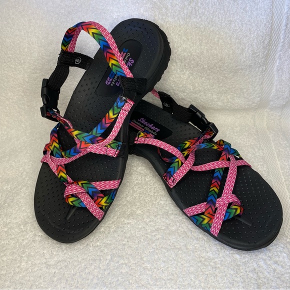 Skechers Shoes - Skechers Womens Reggae Bright Direction Black Flats Strappy Sandals Size 6 EUC